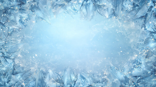 青い氷の結晶と霜のフレーム、凍ったガラスのような質感の冬の背景素材