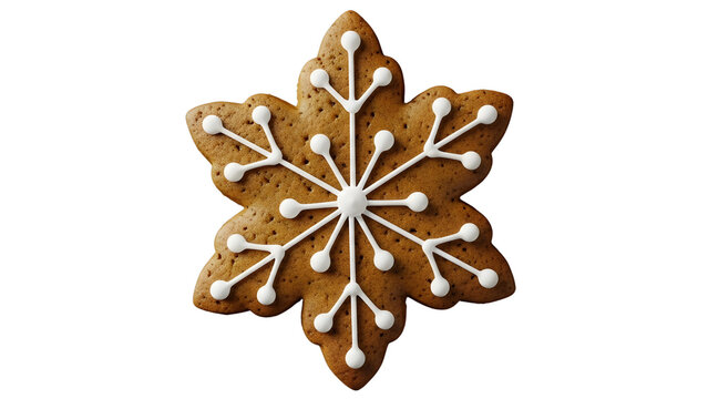 Gingerbread snowflake cookie isolated PNG on transparent background, Christmas holiday treat with white icing decoration Iced Gingerbread Snowflake Cookie PNG – Christmas Season Treat on Transparent