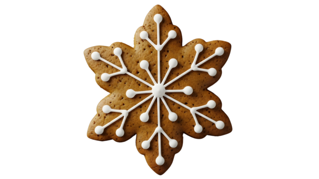 Gingerbread snowflake cookie isolated PNG on transparent background, Christmas holiday treat with white icing decoration Iced Gingerbread Snowflake Cookie PNG – Christmas Season Treat on Transparent