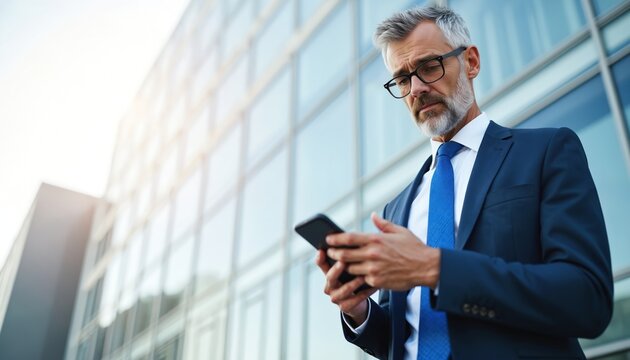 Mature businessman in suit uses smartphone outdoors near modern building. Man wears glasses, grey hair, focuses on mobile device. Looks serious, professional, checks phone for important calls,