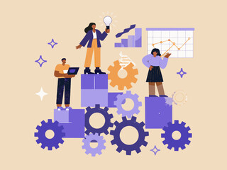 Teamwork and innovation diverse professionals achieving success together on a gear structure