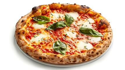 Authentic Italian Margherita Pizza with Fresh Basil and Mozzarella on White Background