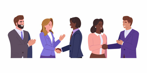 Diverse business professionals shaking hands and applauding success in the workplace