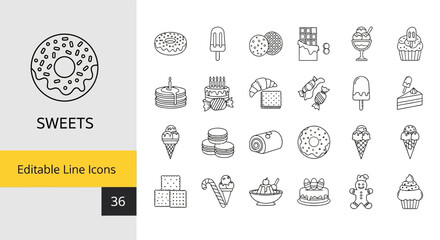 Elegant Outline Icons Set Delicious Sweets and Desserts for UI Design