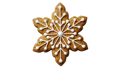 Transparent PNG of Snowflake Gingerbread Cookie – Holiday Dessert with White Frosting  Gingerbread snowflake cookie isolated PNG on transparent background, Christmas holiday treat with white icing 