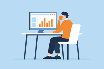 Man drinking coffee while analyzing data on computer screen at desk