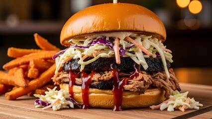 delicious fresh burger and french fries on wooden table for food decoration