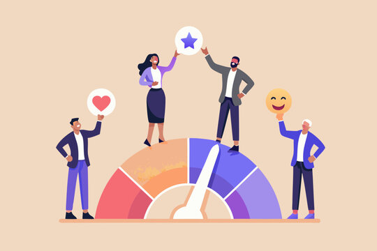 Customer satisfaction gauge with diverse team holding icons of approval and happiness