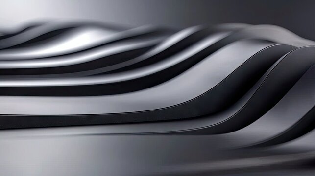 A close-up, abstract view of flowing, wavy metallic surfaces. The image features alternating dark and light gray or silver-toned bands that curve and undulate, - Powered by Adobe