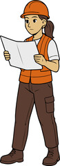 Female Construction Worker Reviewing Blueprints Illustration