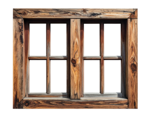 Close-up view of an antique, wooden window with bars, showcasing natural grain