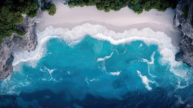 An aerial drone shot captures a pristine tropical beach with lush green vegetation on rocky cliffs. Turquoise ocean waves gently break on the white sandy shore,