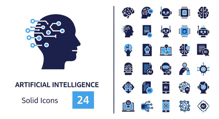 Artificial Intelligence Icons 24 Solid Icons Representing AI Technology and Concepts