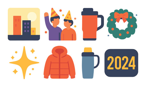 New year's celebration 2024: festive icons with party hats and winter elements