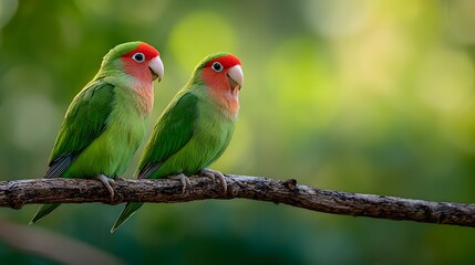 A beautiful pair of Rosy-faced lovebirds perched together on a tree branch with a soft green background.