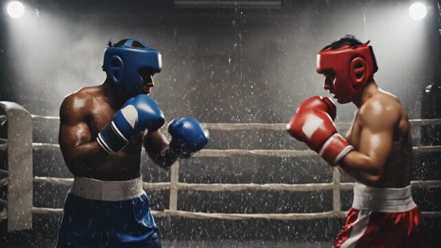 Two male boxers intensely competing in a boxing ring. One wears blue headgear and shorts, the other red. Dramatic lighting highlights the action.