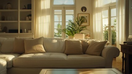 A sunlit living room with luxury furnishings, including a couch and plant decor, set against a city view from large windows. - Powered by Adobe