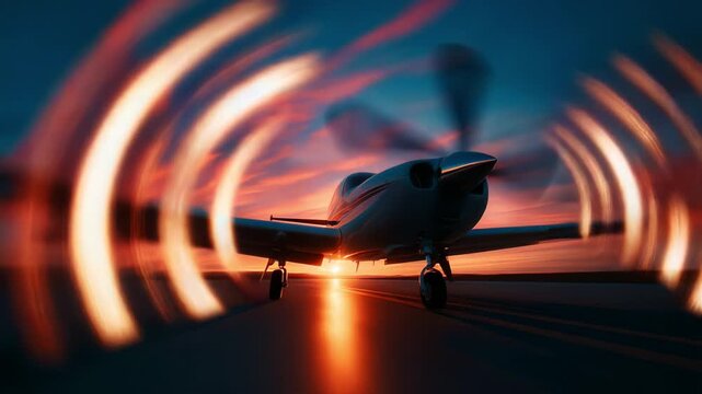 A magnificent aircraft taking off at sunset, surrounded by swirling light trails that capture the beauty and dynamism of flight in a stunning visual display.