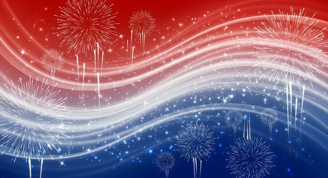 Vibrant patriotic background featuring red, white, and blue wavy stripes with glowing fireworks and sparkling stars, perfect for Independence Day - Powered by Adobe
