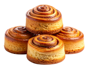 Cinnamon Swirl Cakes with Golden-Brown Crust and Soft Center, Front View, Isolated on White Background