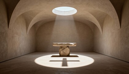 Stone altar in a vaulted room with a skylight beam. Religious cross shadow on the floor. Spiritual sanctuary interior background