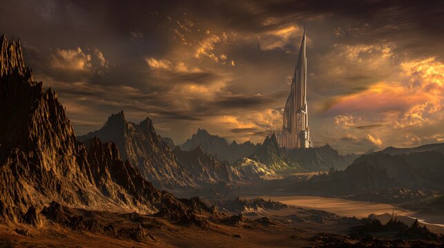 Futuristic alien world a vibrant sunset illuminates towering structures and jagged peaks