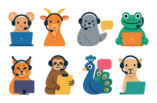 Charming animals as customer service representatives with headsets and laptops