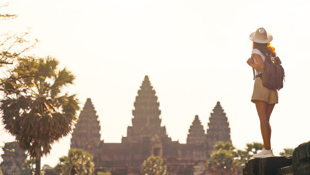 Angkor Wat Sunrise View With Female Traveler, Cambodia Tourism Concept