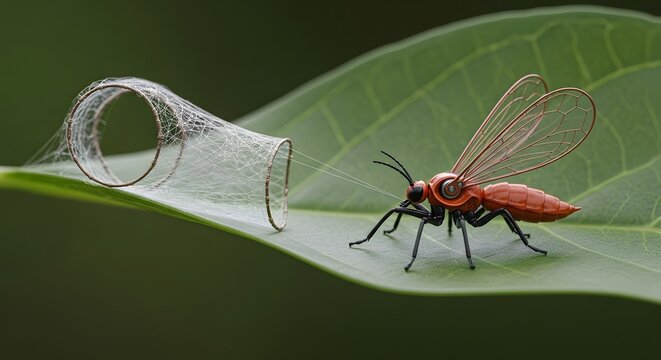 Micro-robot pulling a web on a leaf - Powered by Adobe