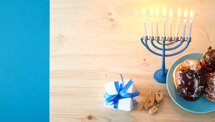 Fototapeta premium A festive arrangement featuring a lit menorah, sufganiyot, and a gift box on a wooden surface.