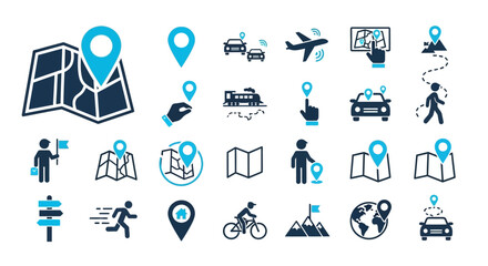 Comprehensive vector icon set for modern navigation, travel planning, and location tracking, illustrating transport modes, maps, and wayfinding