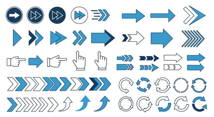 A Collection of Blue and White Arrows in Various Shapes and Sizes, Representing Direction, Movement, and Navigation