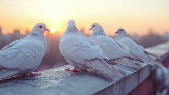 A group of pigeons at dusk on a city rooftop.