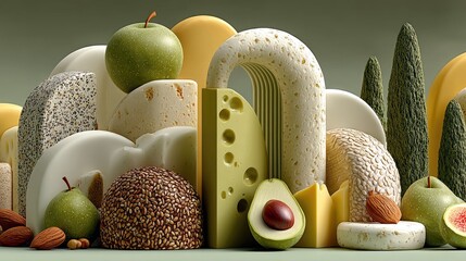 A still life composition featuring various types of cheese, green apples, avocado, almonds, and figs, arranged in a visually appealing manner against a muted gr