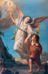 Painting (19th century) of guardian angel protecting a child.