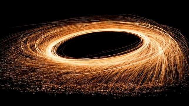 Dynamic Circular Motion of Glowing Sparks in a Dark Background Creating a Vibrant and Mesmerizing Visual Experience of Light Trails