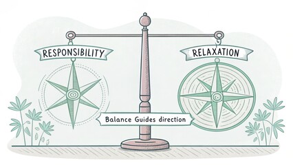 Minimal Compass Illustration Depicting Responsibility and Relaxation Balance