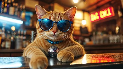 Cool cat at the bar! Ginger tabby wearing sunglasses and a disco ball collar.