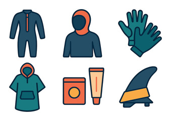 Essential surfing gear icons featuring wetsuit, gloves, and sunscreen