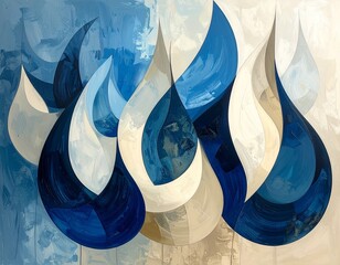 Abstract Impasto Painting of Blue and White Droplet Shapes