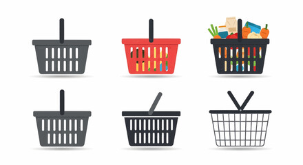 Various shopping baskets with different designs and contents on a white background from a straightforward viewpoint