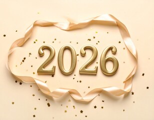 Golden 2026 Numbers with Ribbon and Star Confetti on a Beige Background