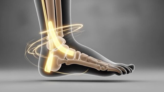 Human foot and ankle anatomy 3D animation. Medical visualization showing bones