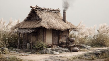 Rustic thatched hut with chimney in tranquil rural landscape