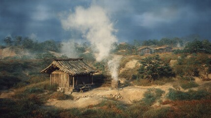 Rustic wooden house in tranquil rural landscape with rising smoke