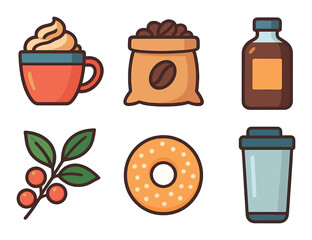 Coffee icons collection: mug, beans, syrup, berries, donut, tumbler