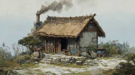 Rustic thatched cottage in rural landscape with chimney smoke