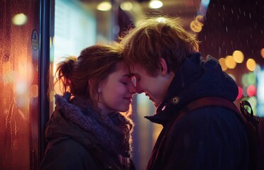 Young couple touching foreheads at rainy night city bus stop - Powered by Adobe