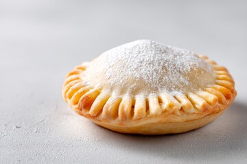 Delicious powdered sugar-dusted pastry with flaky crust on gray background