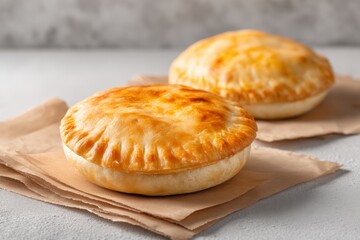 Golden baked meat pies on parchment paper with crispy crust and flaky pastry